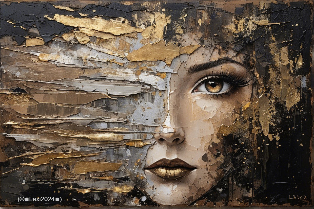 Portrait of a Woman with Textured Gray and Gold Layers