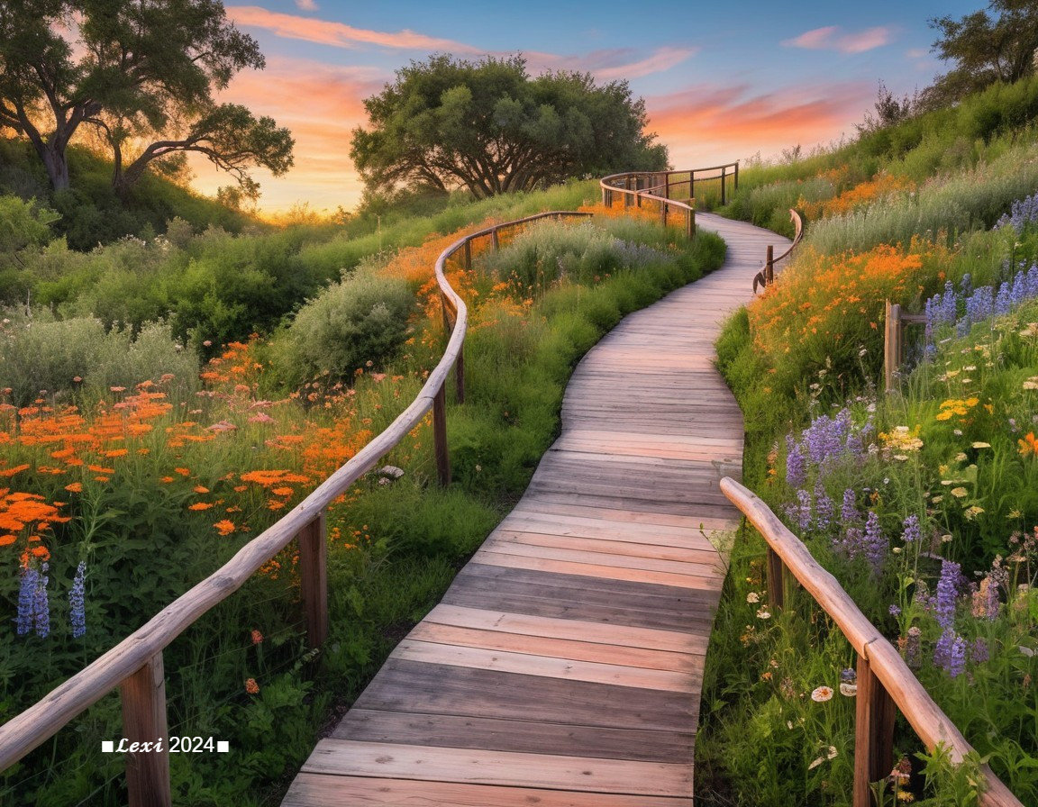 Wooden Pathway Through Lush Greenery and Wildflowers