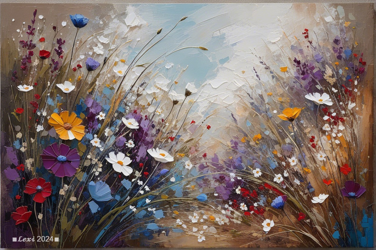 Vibrant Landscape Painting of Colorful Wildflower Meadow