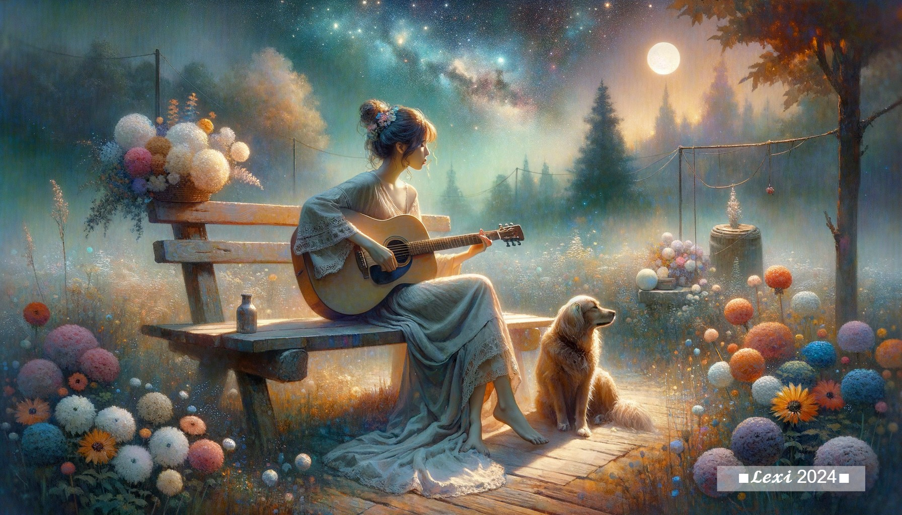 Young Woman Playing Guitar in a Dreamlike Landscape