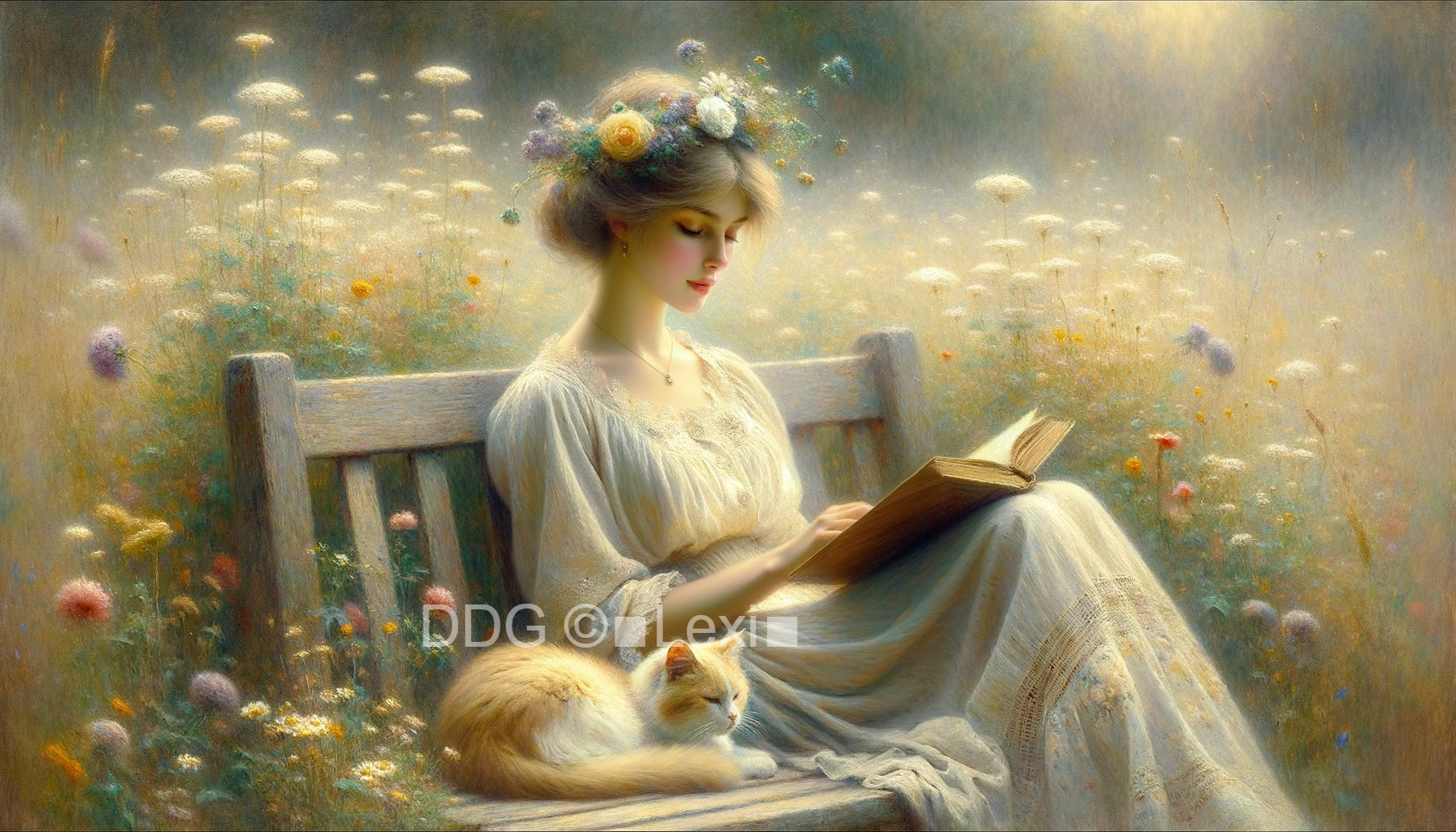 Young Woman Reading in a Floral Garden Setting
