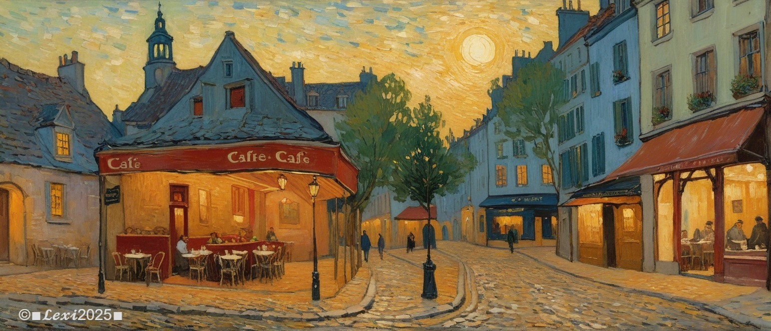 Charming Café Scene with Vibrant Sunset Colors