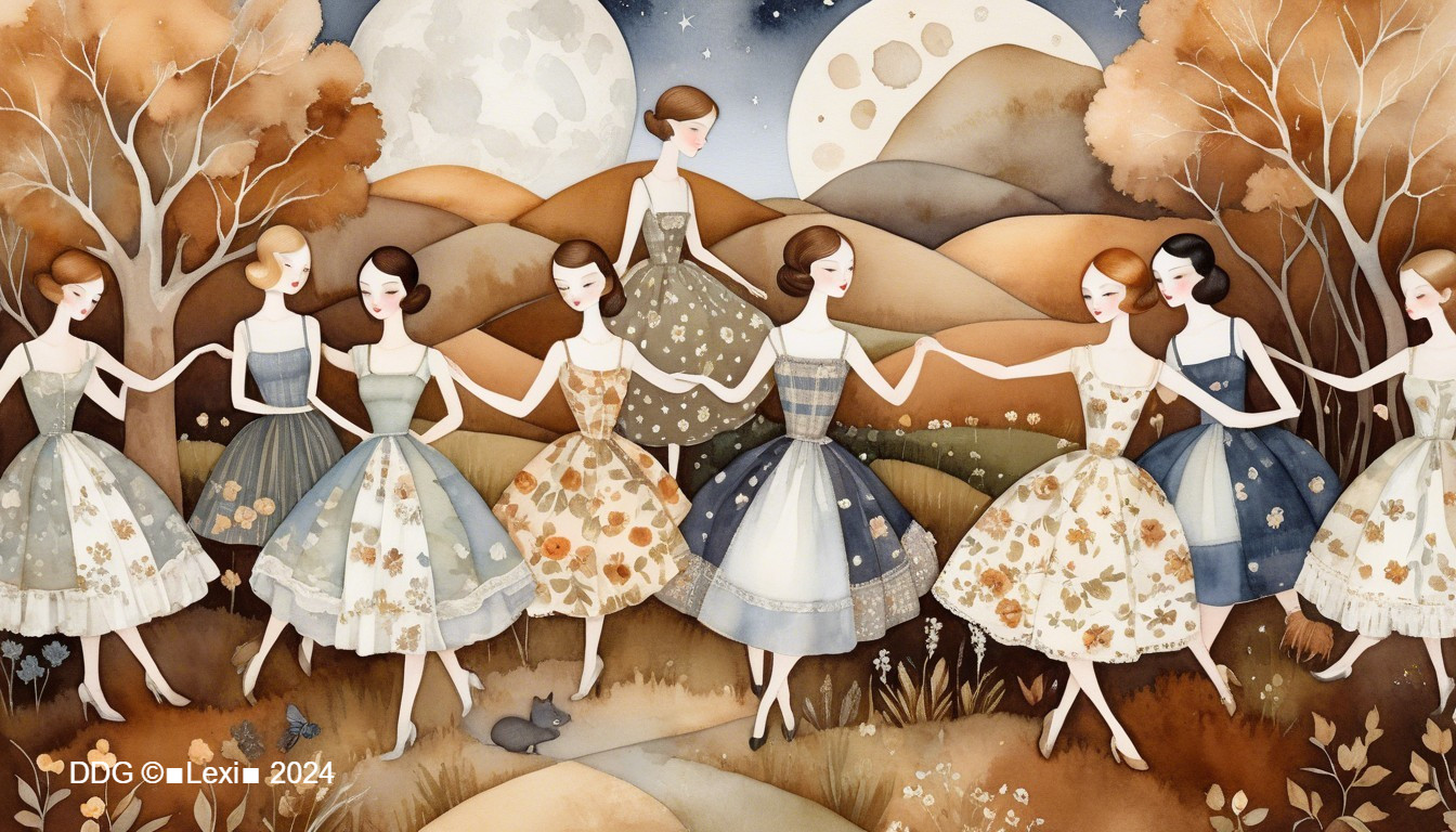 Whimsical Illustration of Women Dancing in Floral Dresses