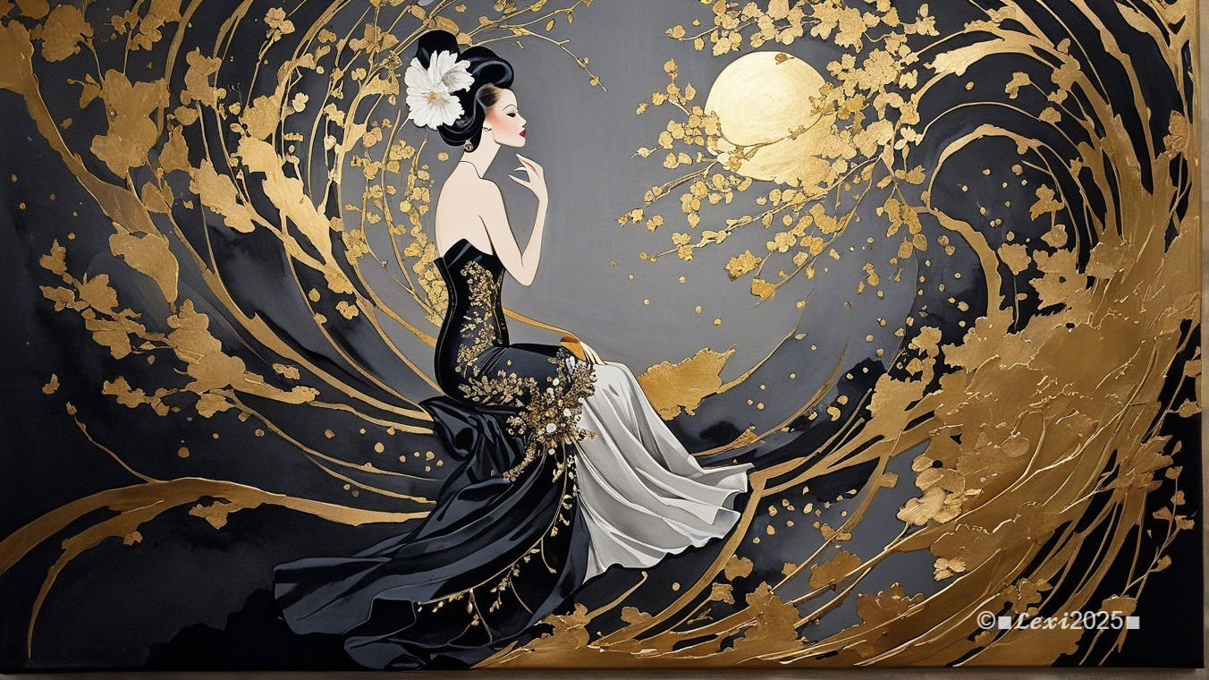 Elegantly Dressed Woman in Black and White Gown