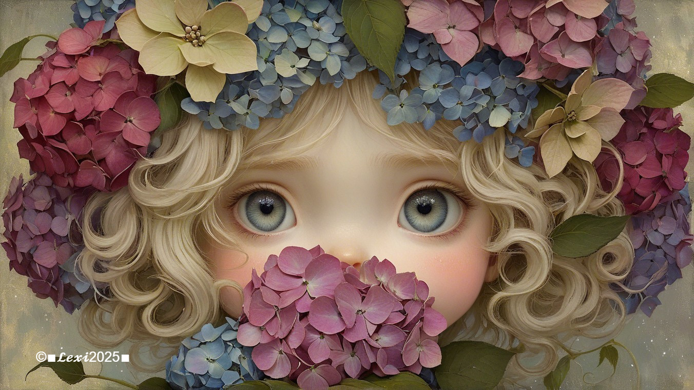 Whimsical Character with Floral Crown and Curly Hair