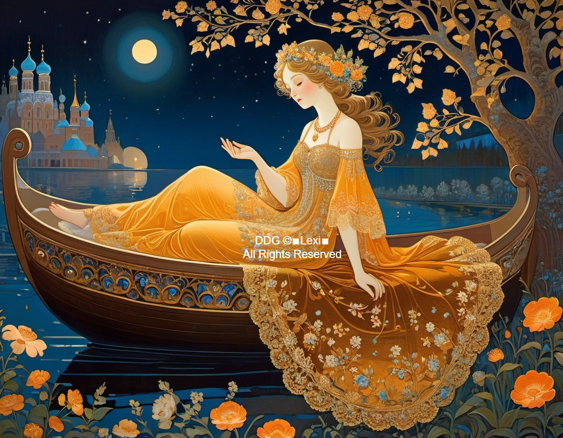 Illustrated woman in golden dress on boat with castle and moon.