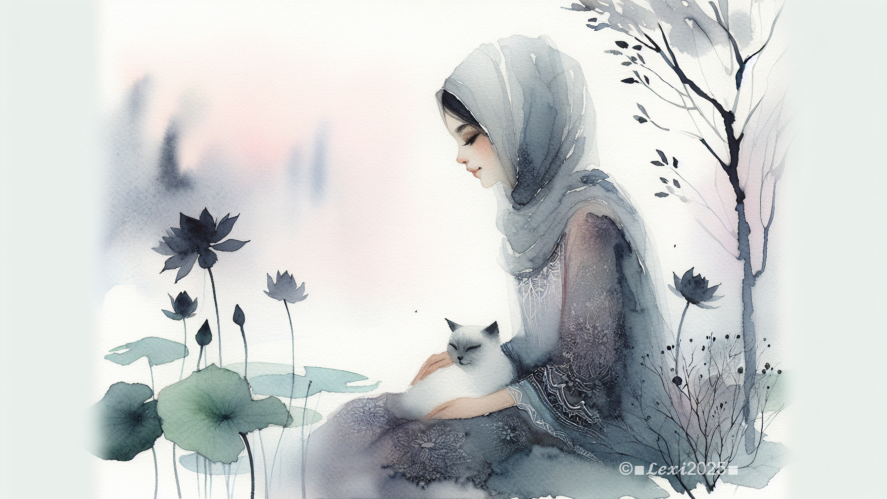 Watercolor Painting of Woman with Cat and Lotus Flowers