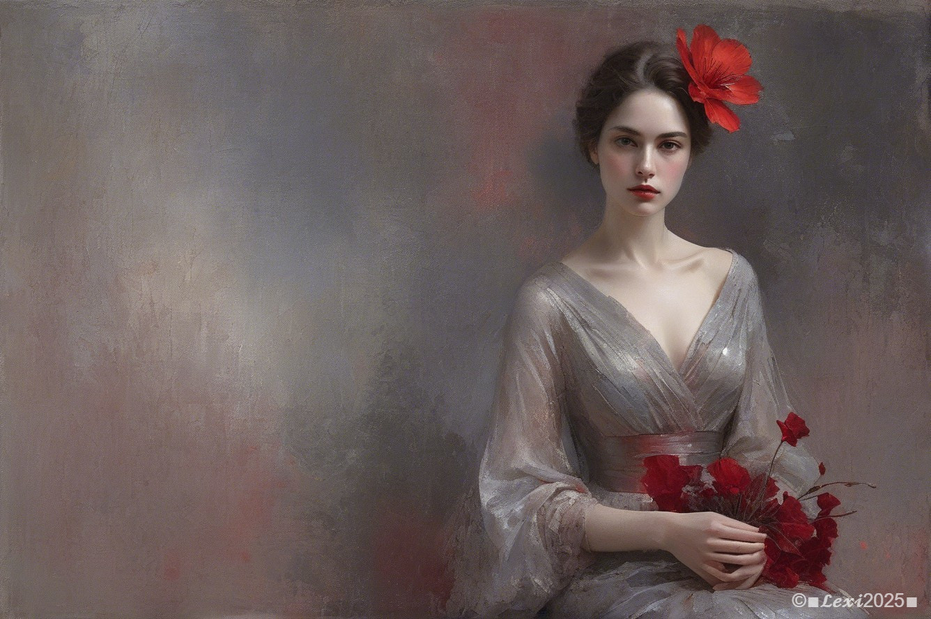 Realistic Portrait of a Young Woman in Silver Gown