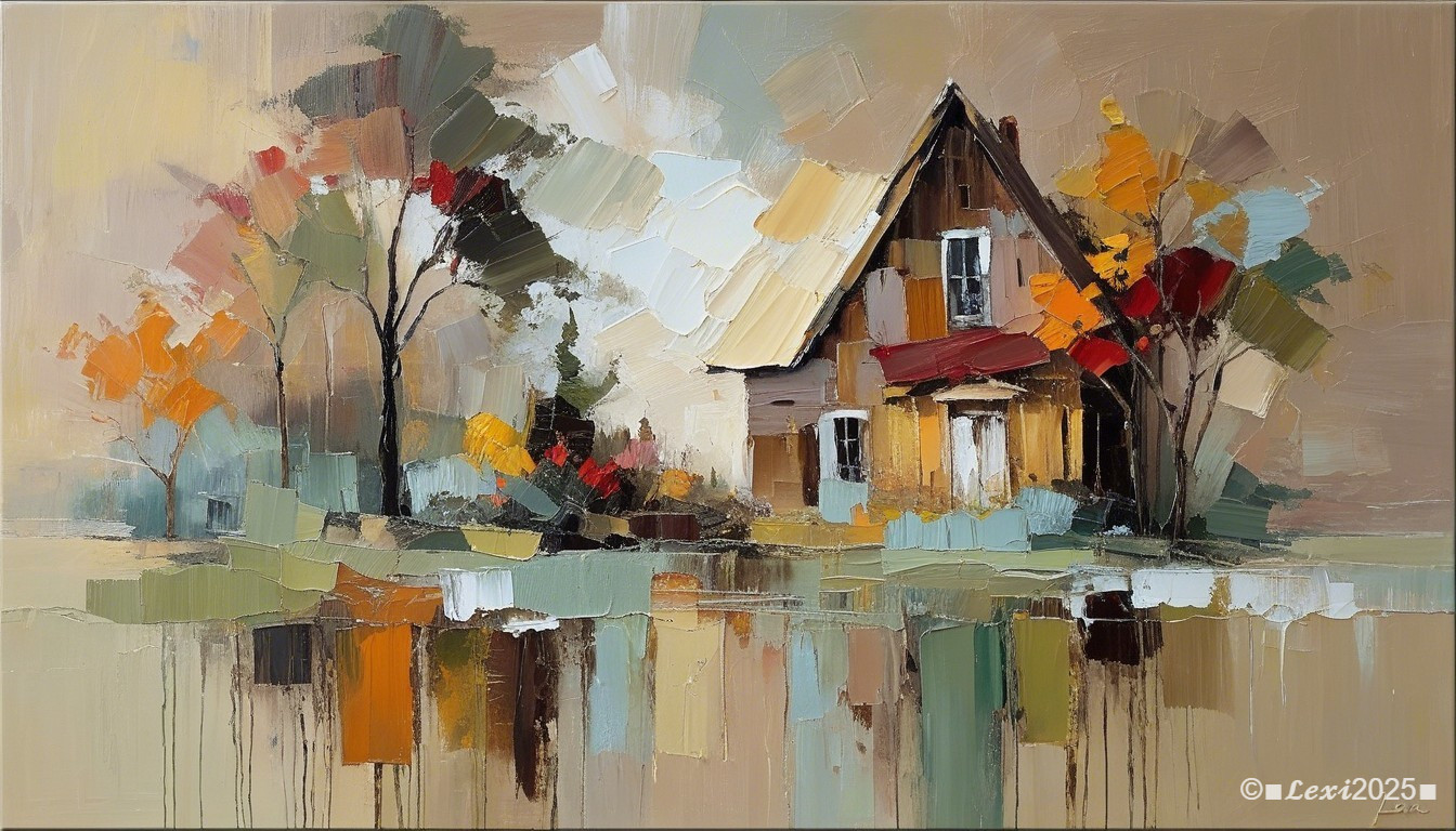 Serene Countryside Scene with Rustic House and Autumn Trees