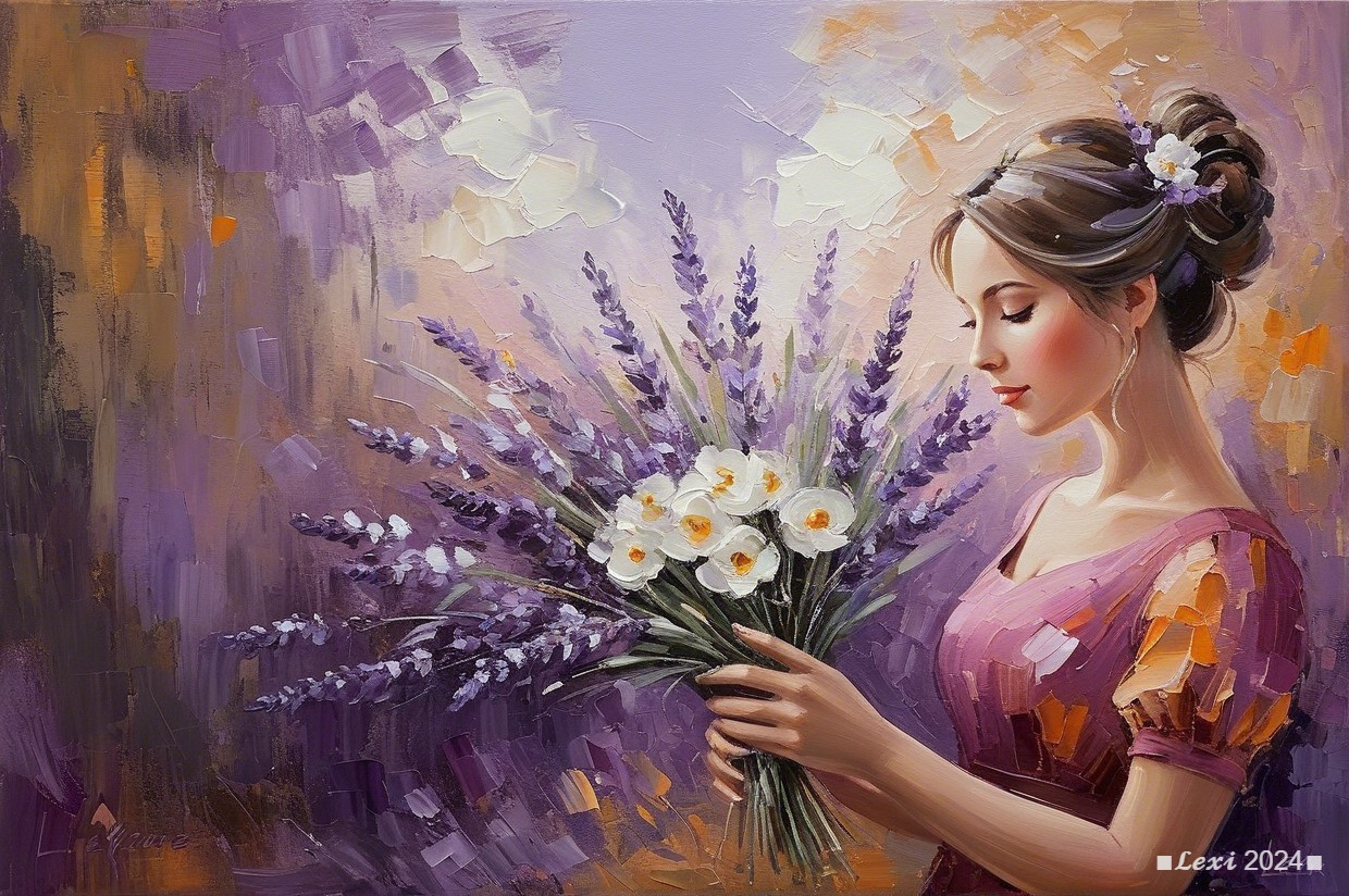 Serene Woman with Lavender and White Flower Bouquet