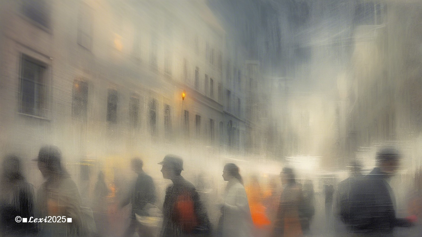 Hazy City Street Scene with Silhouettes and Fog