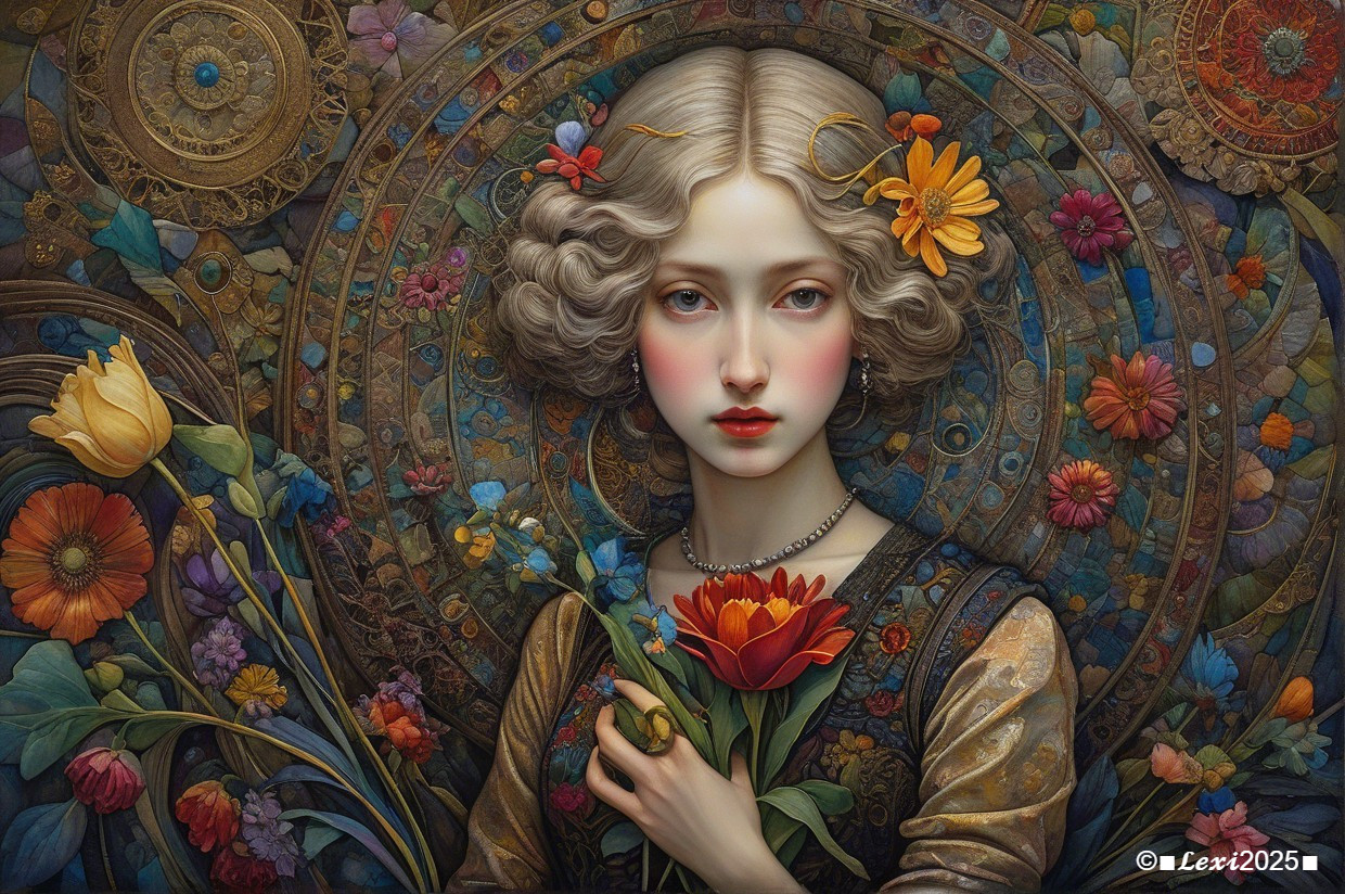 Young Woman with Flowers and Colorful Bouquet
