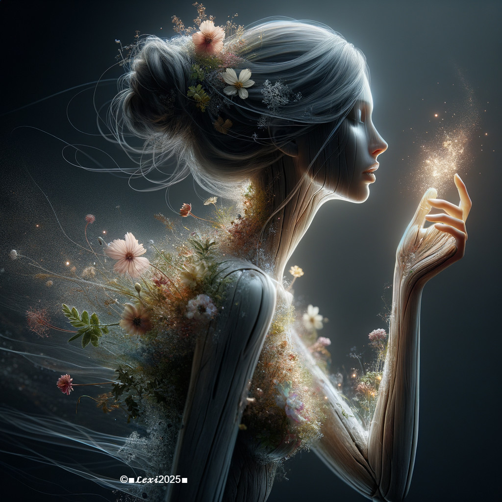 Ethereal figure surrounded by vibrant flowers and mist