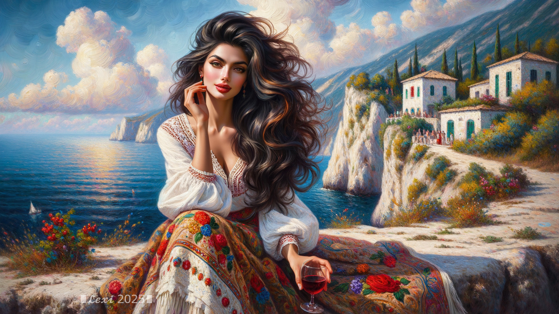 Woman in Embroidered Dress by Seaside with Wine Glass