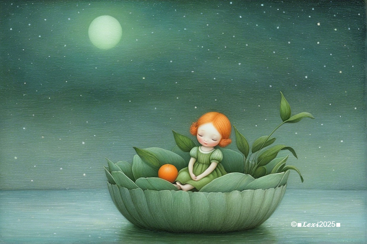 Whimsical Scene of a Girl in Moonlit Leaves