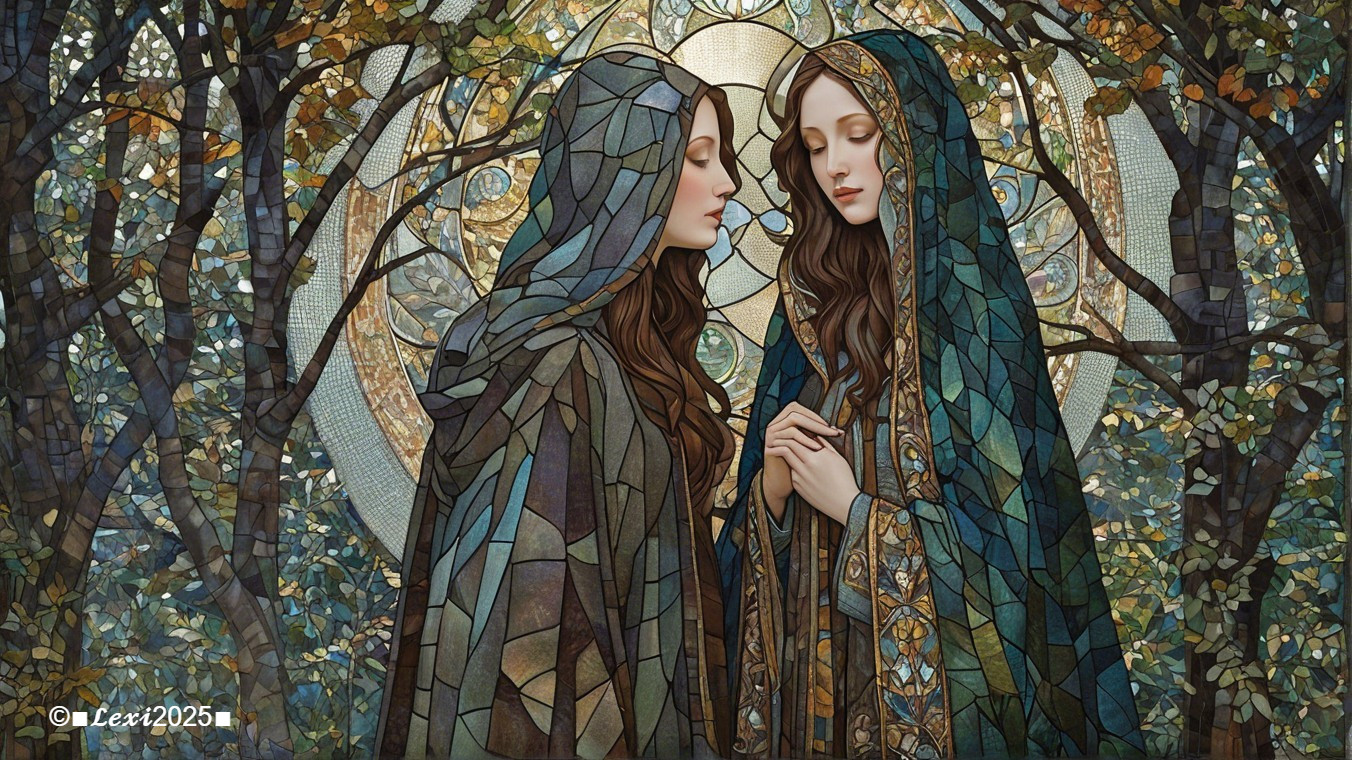 Elegant Figures in Mosaic Garments with Nature Backdrop