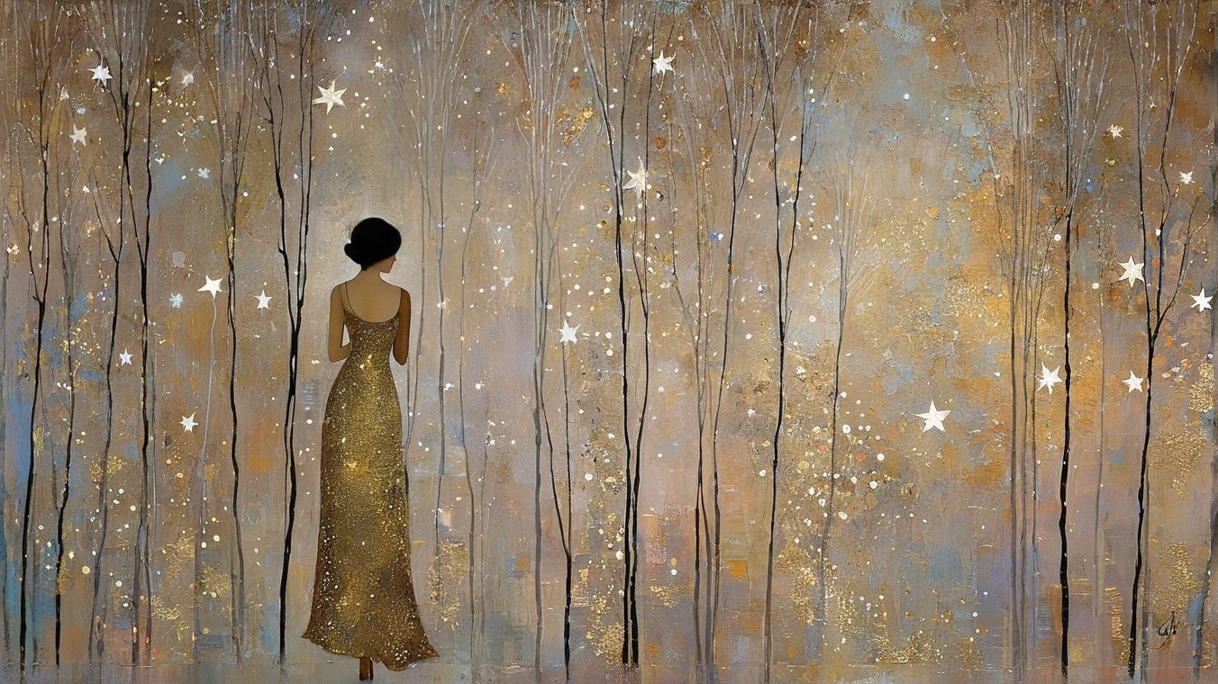 Solitary Figure in Golden Gown in Ethereal Forest