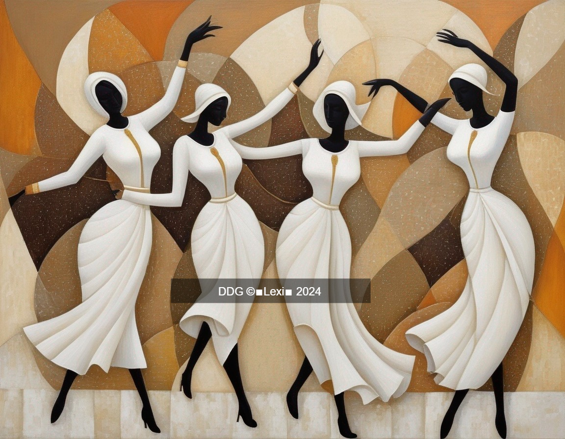 Stylized Figures Dancing in Elegant White Dresses