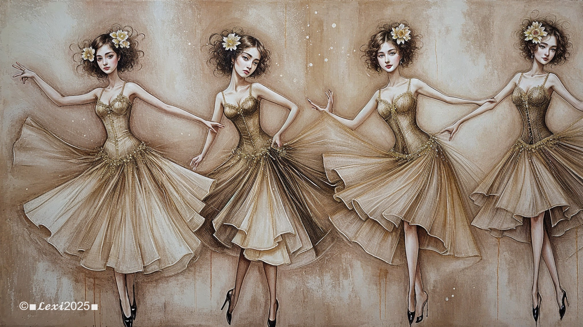 Four Dancers in Golden Dresses with Floral Hairstyles
