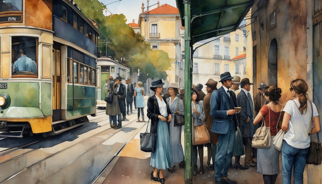 Vintage Tram Scene on a Bustling Urban Street