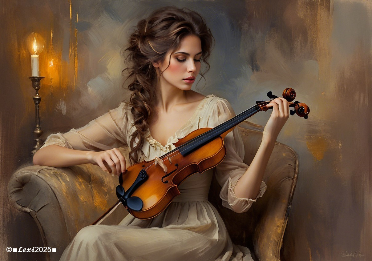 Woman in Vintage Dress Playing Violin on Sofa