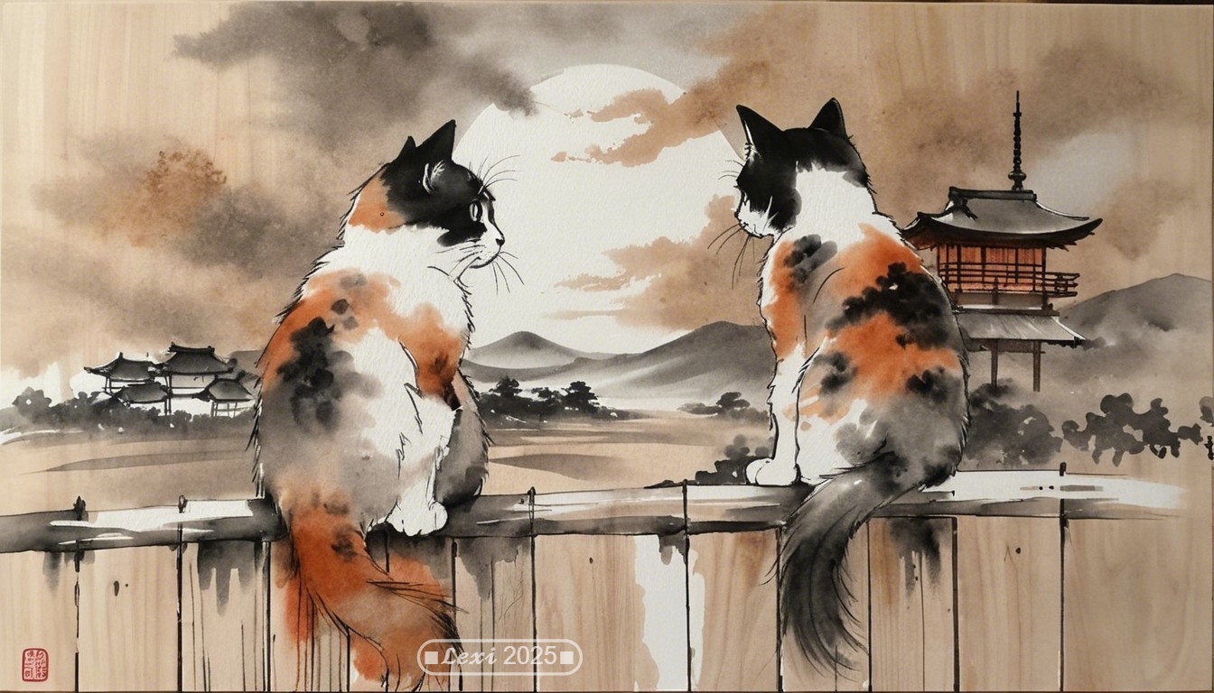 Calico Cats on a Fence with Tranquil Landscape Scene