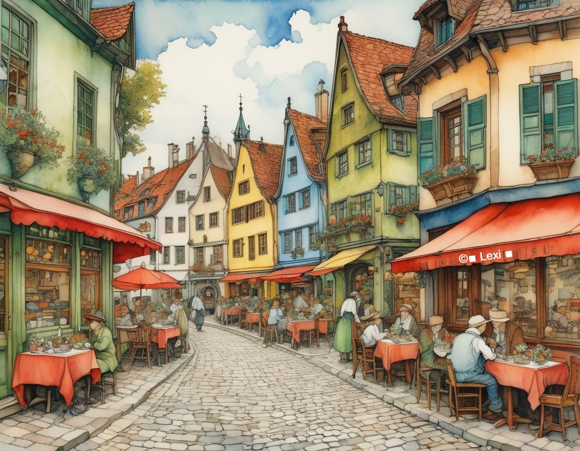Picturesque Village Street with Colorful Houses and Cafés