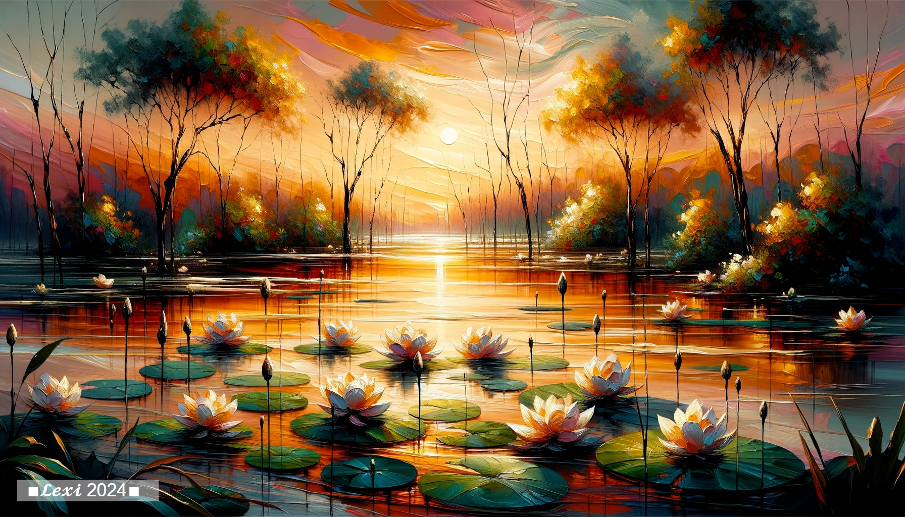 Tranquil Lake with Blooming Water Lilies at Sunset