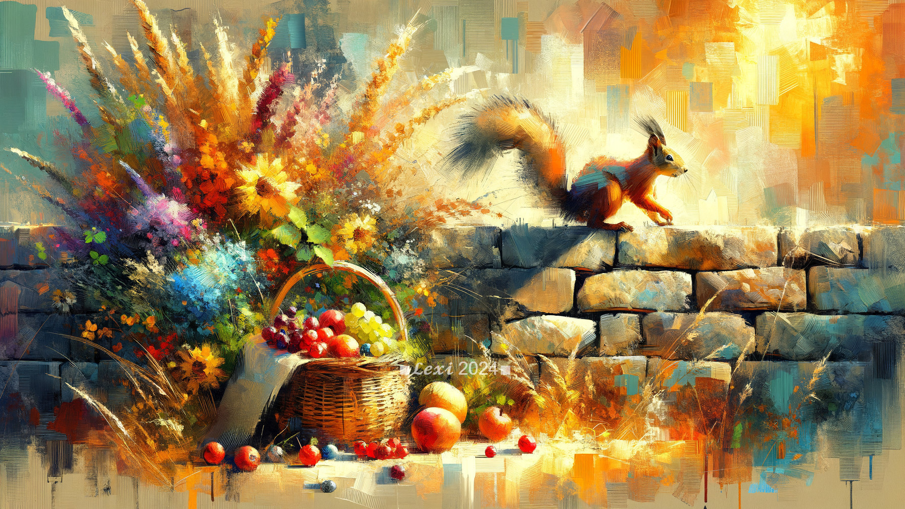 Colorful Squirrel Among Flowers and Autumn Fruits