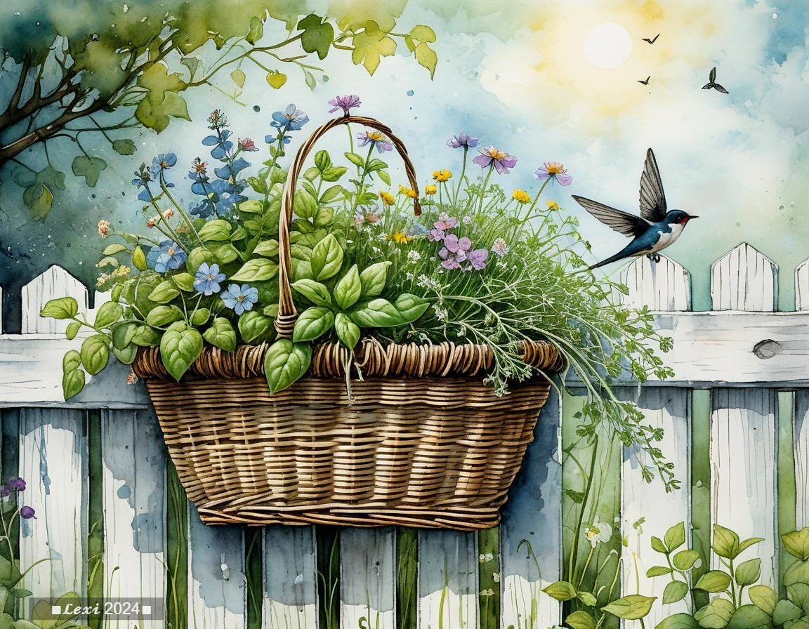 Wicker Basket with Vibrant Flowers by a Picket Fence