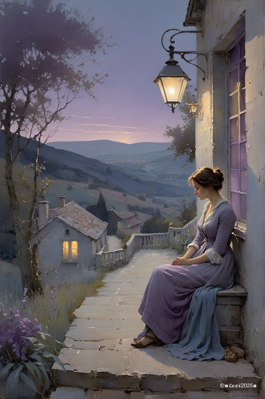 Elegant Young Woman in Lavender Dress at Sunset