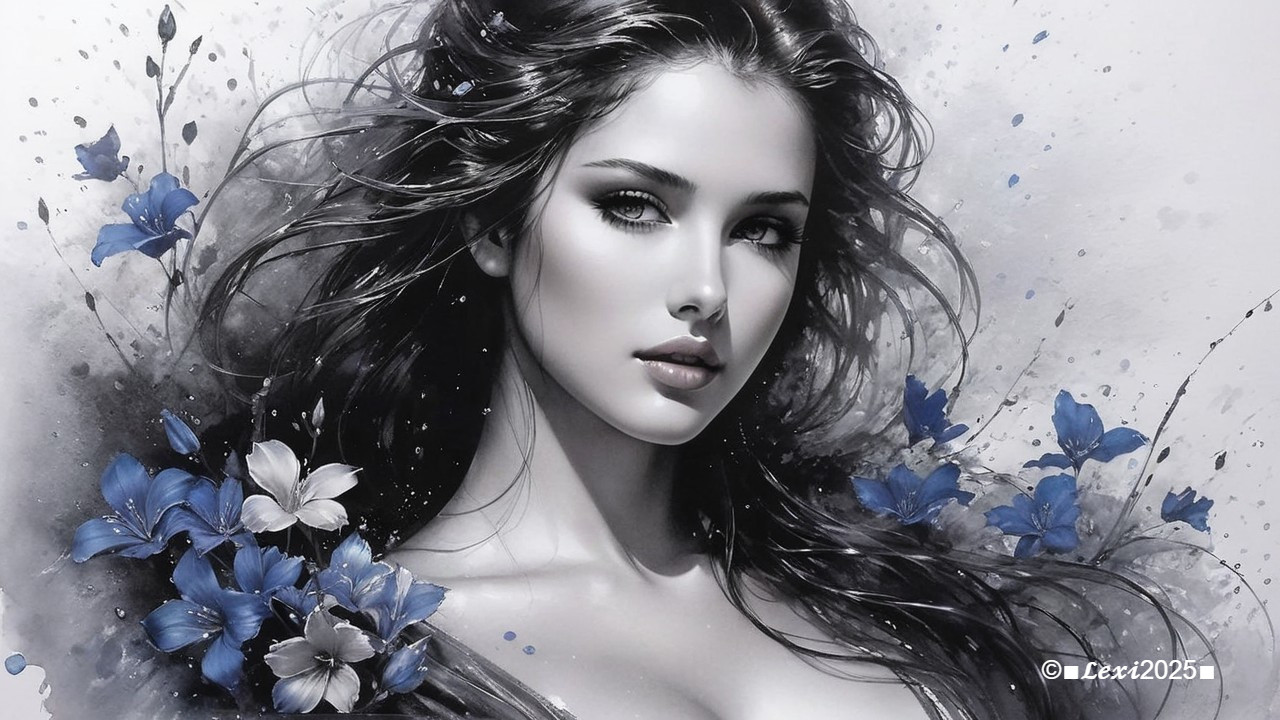 Monochromatic Portrait of a Woman with Blue Flowers