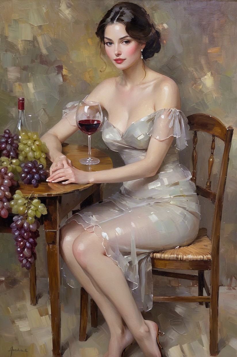 Elegant Woman with Wine Surrounded by Grapes