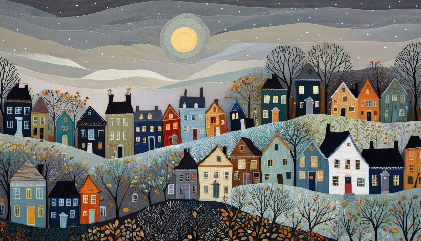 Whimsical Village Scene with Colorful Houses and Moon