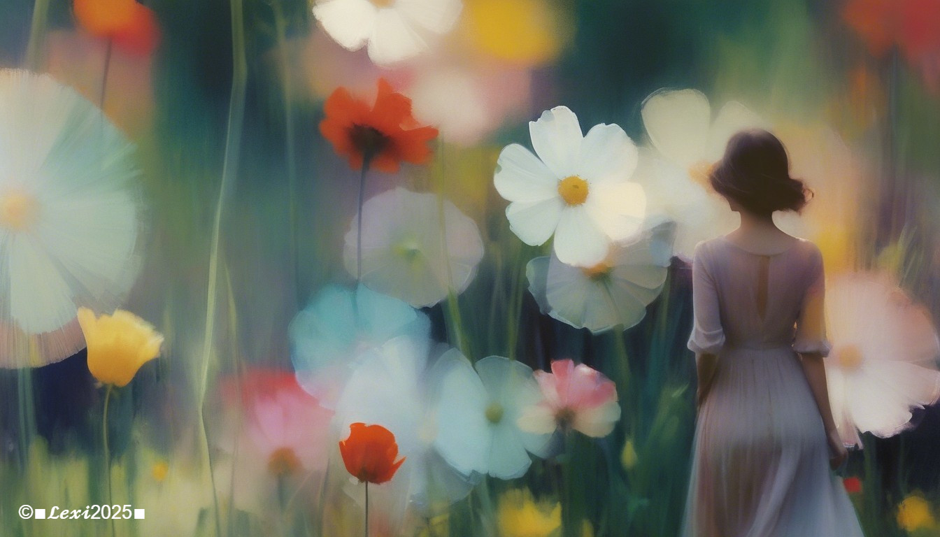 Woman in flowing dress walks through vibrant flower field