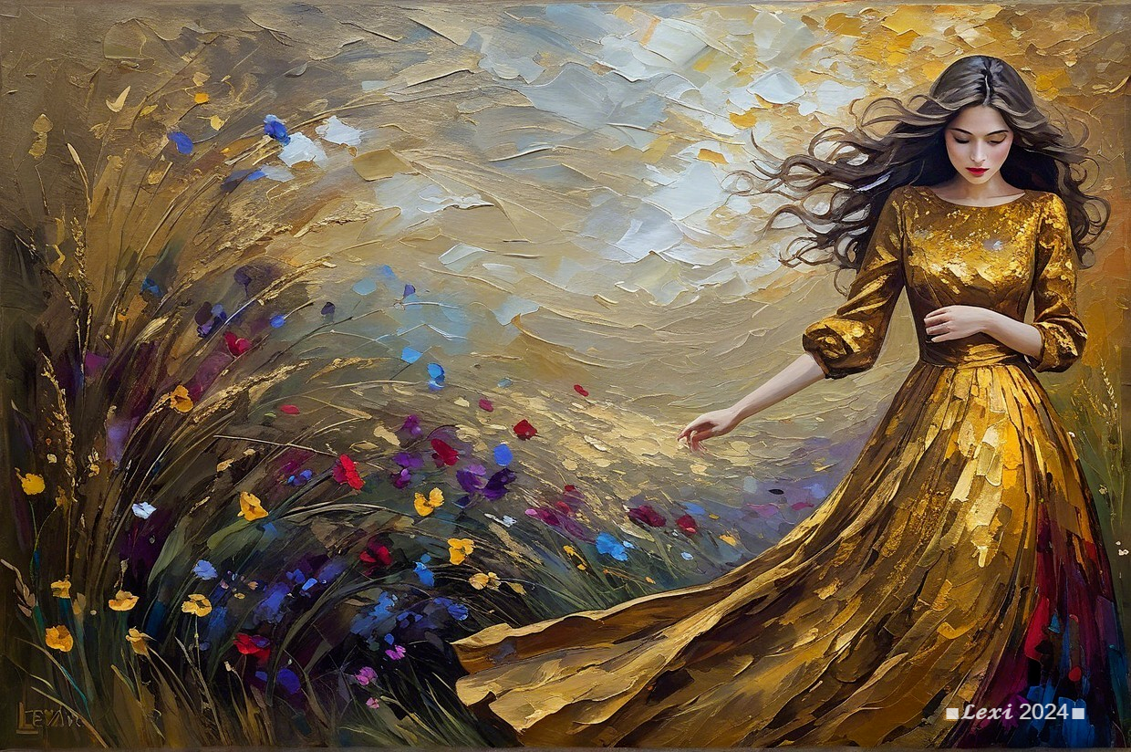 Woman in Golden Dress Amidst Vibrant Flower Field