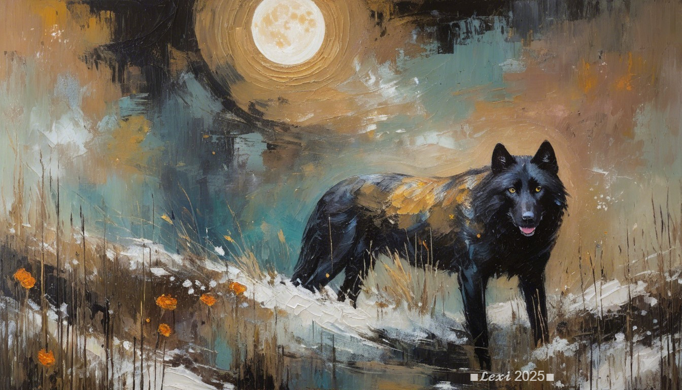Black Wolf in Snowy Landscape Under Full Moon
