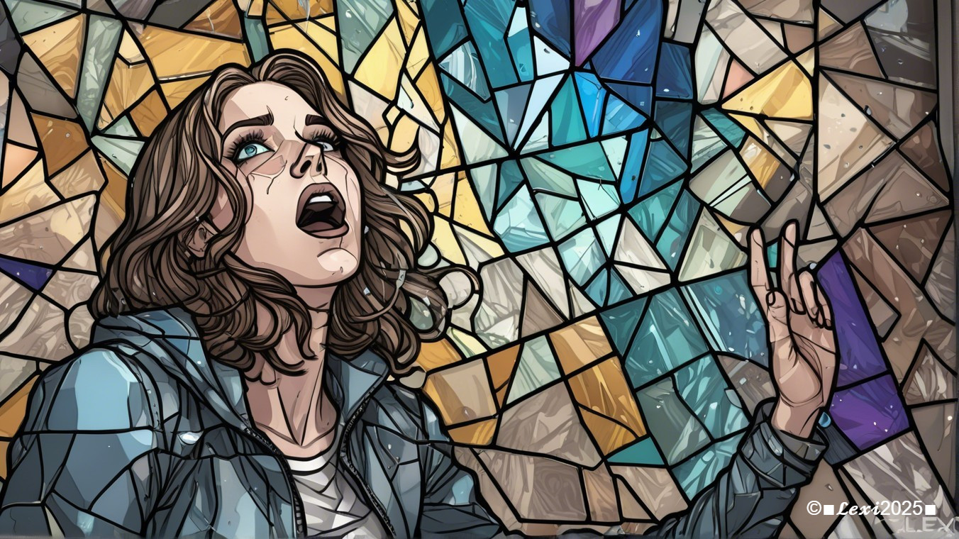 Young woman with tears against stained-glass backdrop