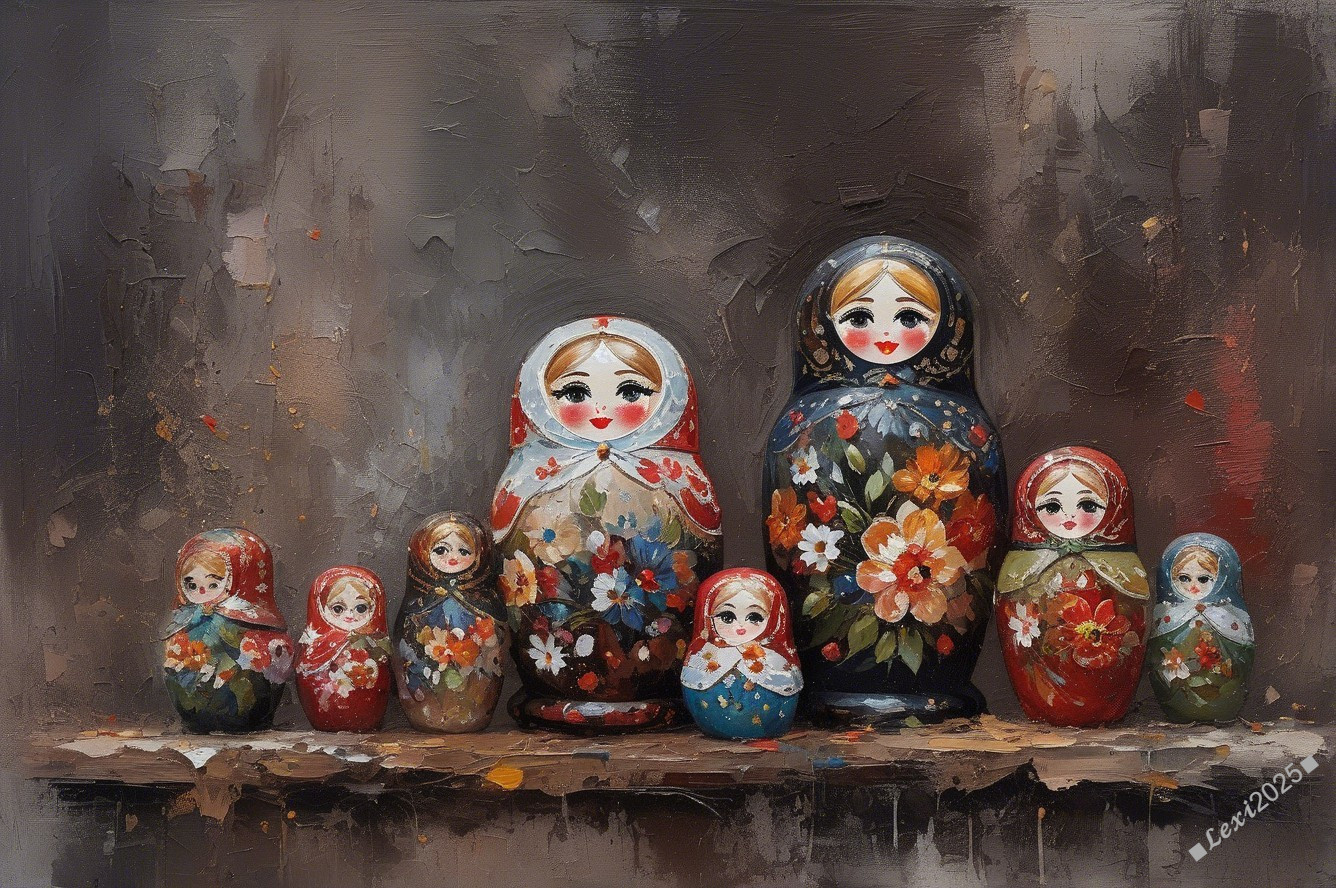 Colorful Matryoshka Dolls on Wooden Shelf Painting