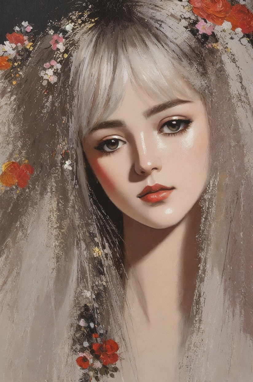 Portrait of a Young Woman with Silver Hair and Flowers