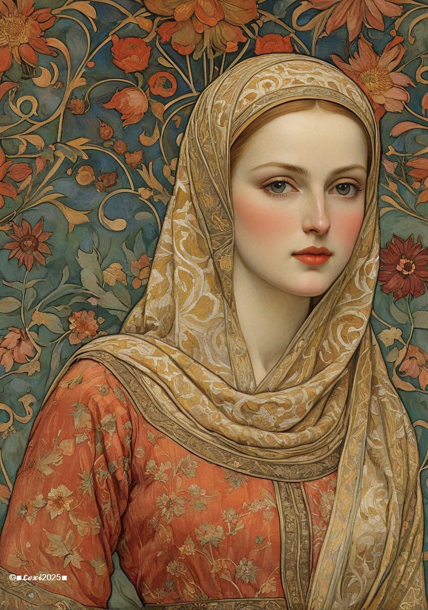 Young woman in gold-embroidered headscarf and orange garment