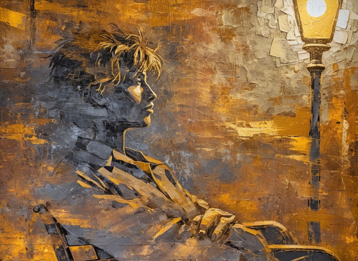 Contemplative Figure Under Warm Streetlamp Glow