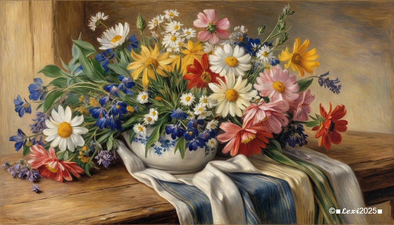 Vibrant Still Life of Wildflowers in Ceramic Bowl