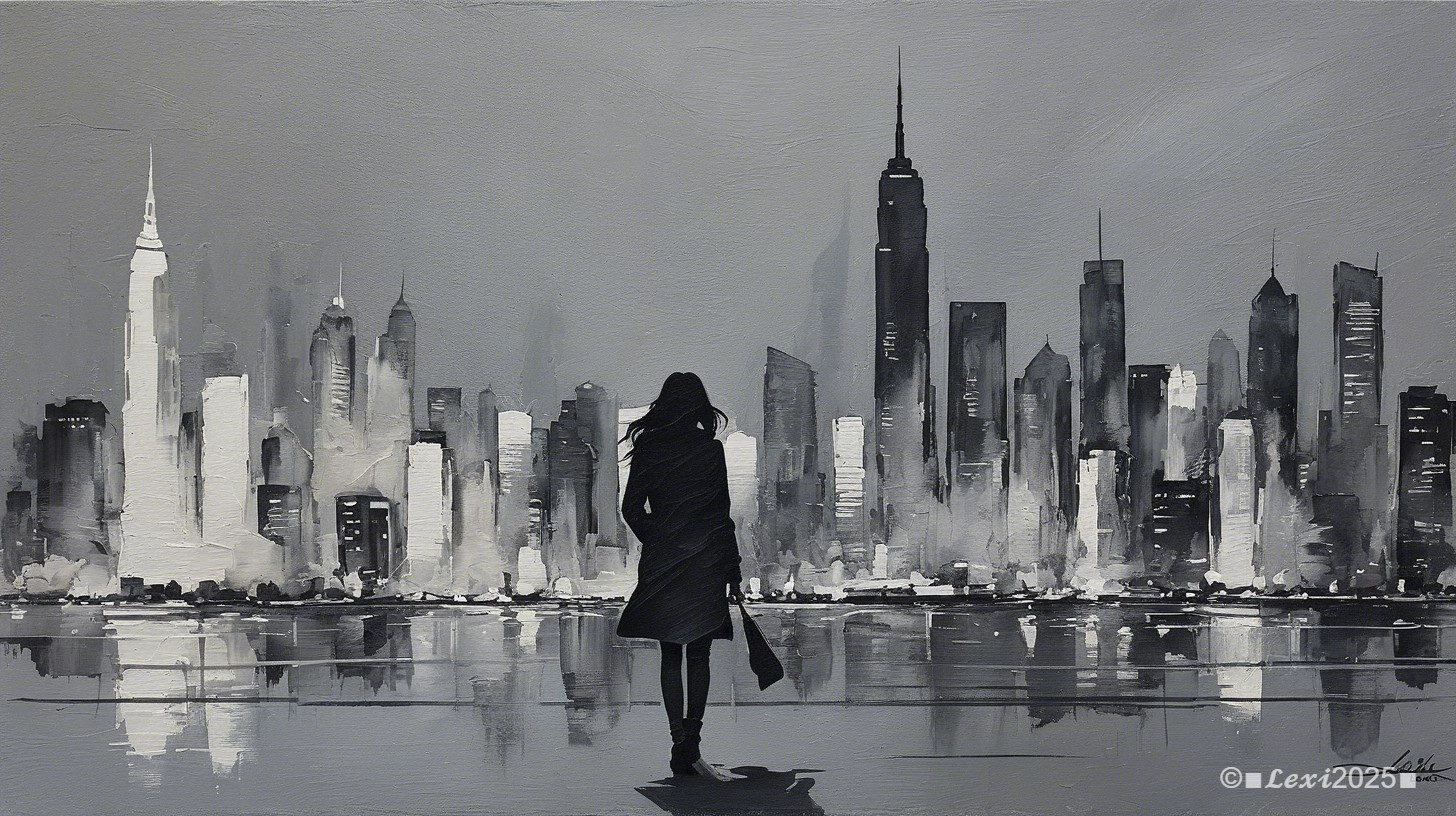 Monochrome Oil Painting of Female Figure and Cityscape