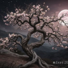 Serene figure in patterned garment under full moon