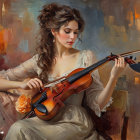 Woman in Vintage Dress Playing Violin on Sofa