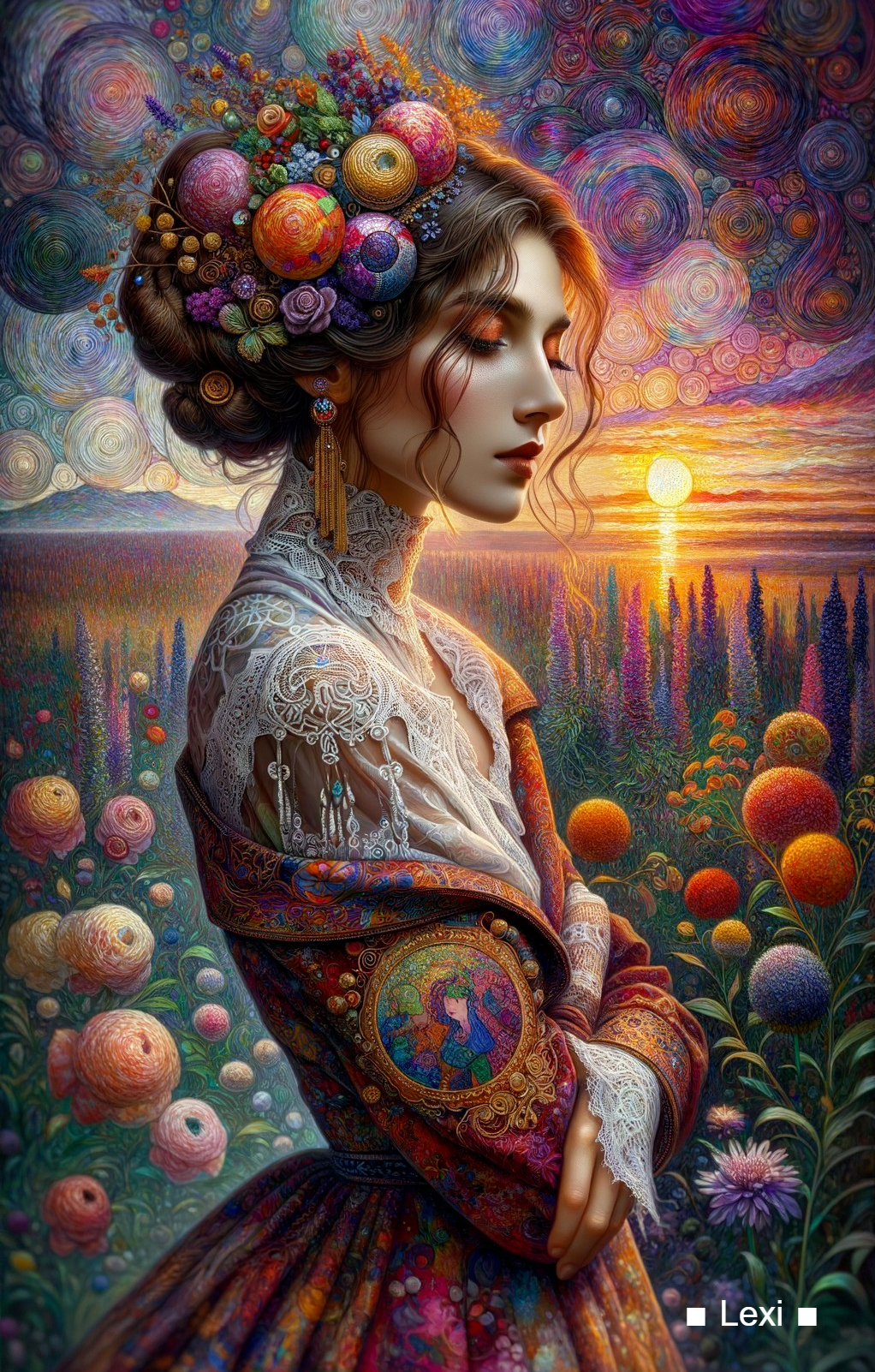 Side Profile of Woman in Colorful Floral Landscape