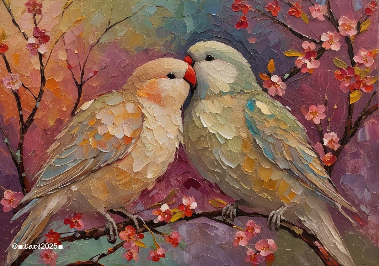 Charming Birds Nestled Among Pink Blossoms on Branch