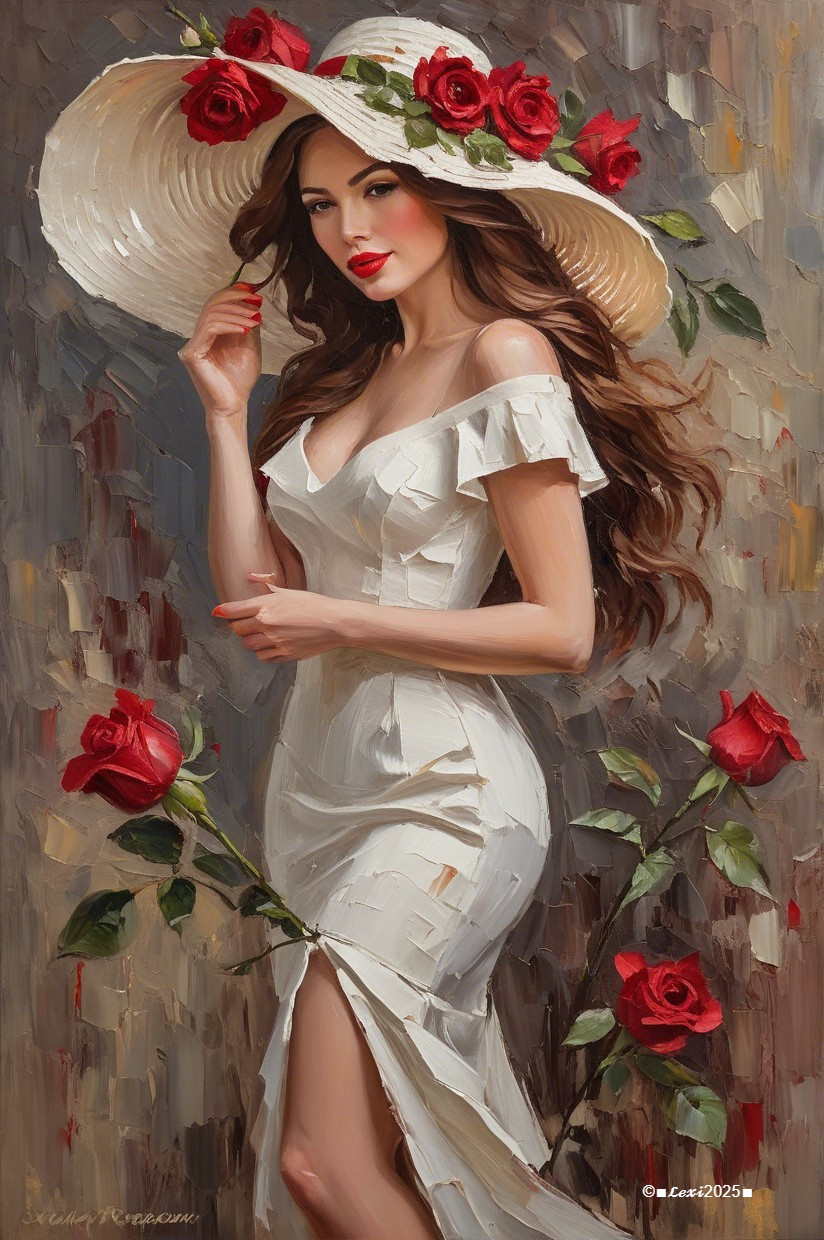 Elegant Woman in White Dress with Straw Hat and Roses