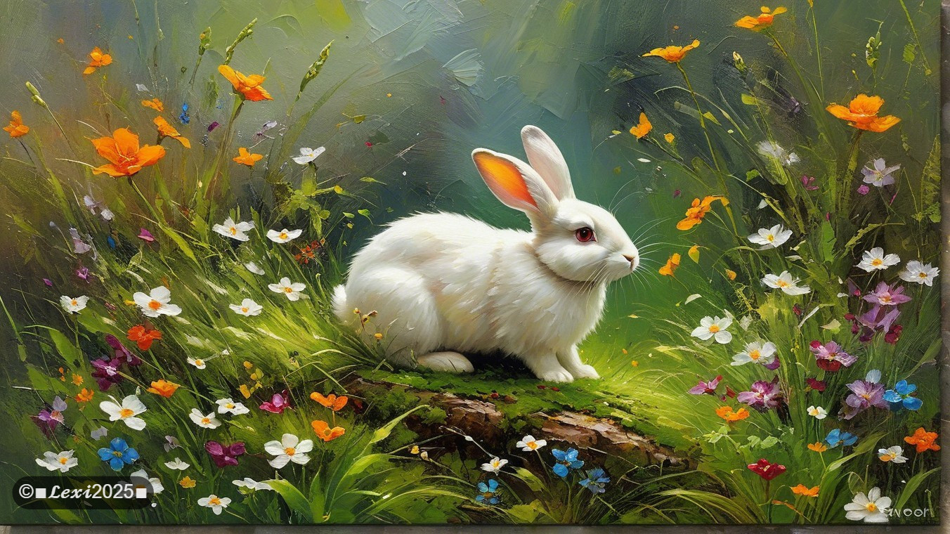 Fluffy White Rabbit Among Vibrant Wildflowers
